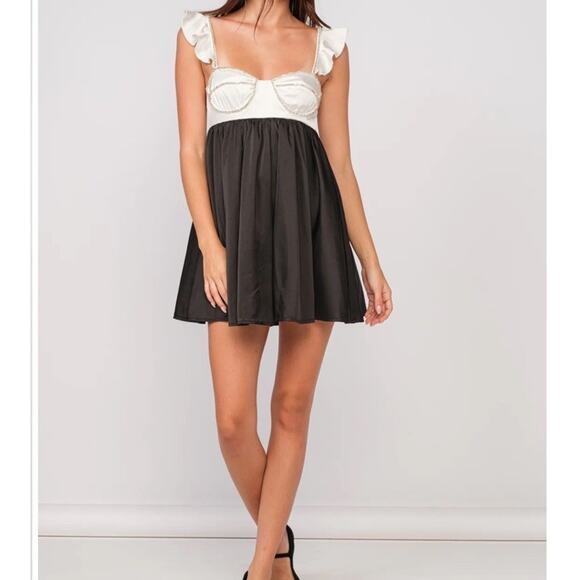 NWT Sky To Moon Mini Dress Small Black White Satin Slip Rhinestone Trim Bustier - Picture 2 of 16